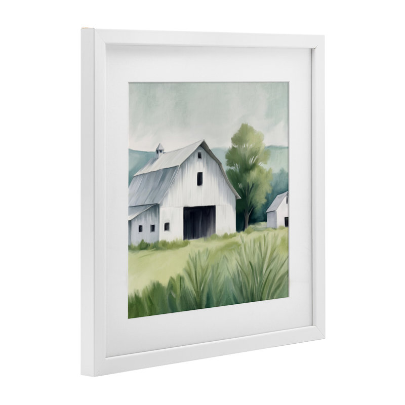 «Farm Home White Barn», reproduction imprimée sous verre, conception de Kim Allen, H 13 po x l 13 po, Cadre blanc côtier