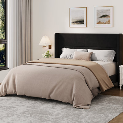 Full Size Velvet Bed Frame with Wingback Headboard, Upholstered Platform Bedframe with Wood Slats, No Box Spring Needed, Easy Assembly, Black