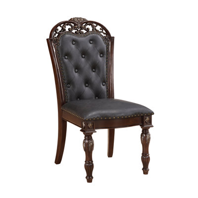 Formal Dining Chairs Set Of 2 Cherry Finish Button-Tufted Faux Leather Upholstered Traditional Dining Room Furniture Elegant Classic