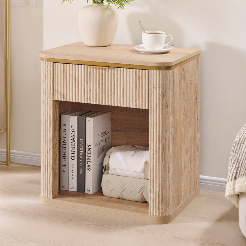 Fluted Nightstand With Drawer, Mid Century Modern Wood Night Stand With Metal Handle, Natural Oak