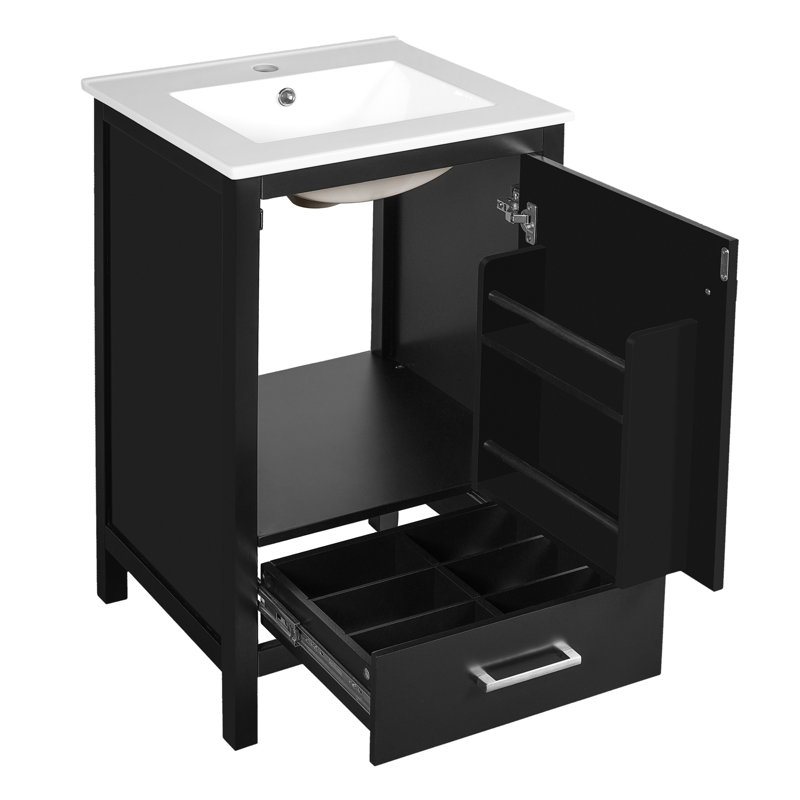 Petit meuble-lavabo simple avec comptoir en céramique, tiroir et porte à fermeture en douceur, Noir, 20"
