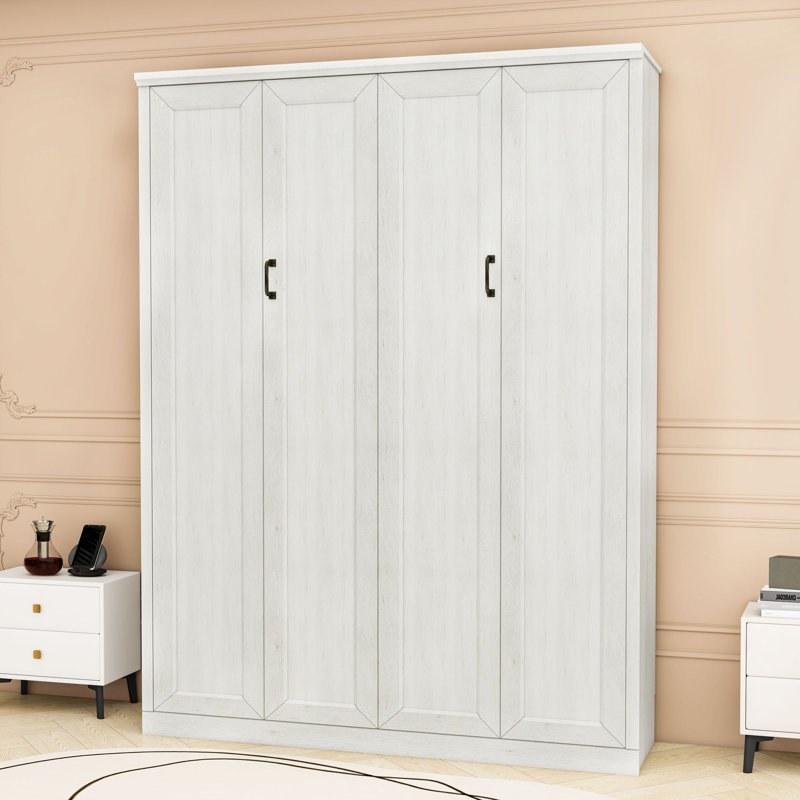 Queen Wood Murphy Bed with Slats , Rustic White