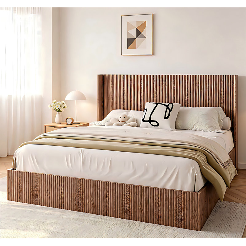 King Lift-Storage Platform Bed With Gas Lift, Wooden Slatted Frame, Rustic Brown Finish, No Box Spring Required, Noise-Free, Natural Wood Texture