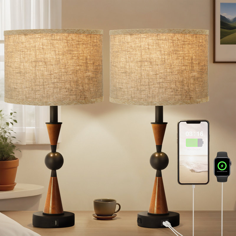 Ensemble de 2 lampes de table rondes en bois massif 23,2 "avec USB