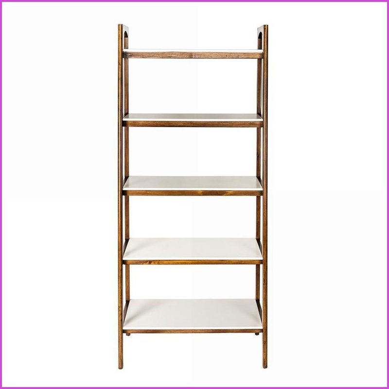 5-Shelf Mid-Century Bookcase | Off-White &amp; Pecan | Solid Wood Frame