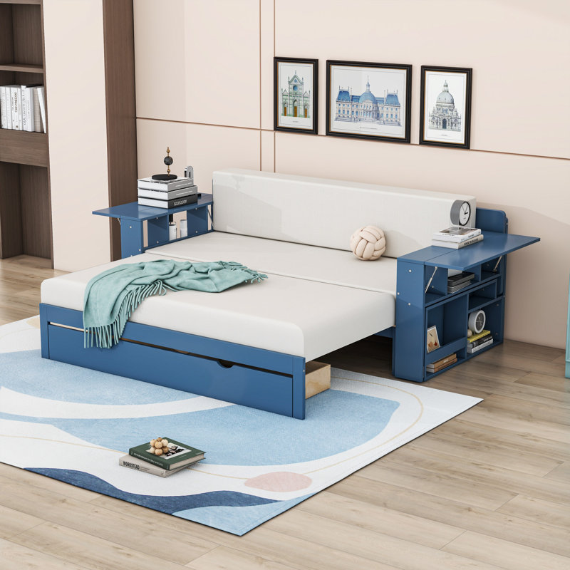 Daybed with Desk, Drawers and Side Table, Blue, Queen