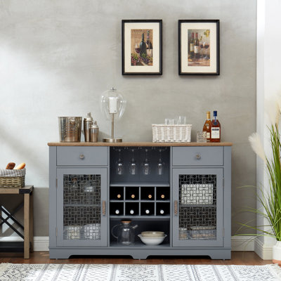 Modern Farmhouse Buffet Cabinet With 2 Drawers, Glass Door Cabinets, Wine And Glass Rack, Versatile Storage For Kitchen And Dining Room