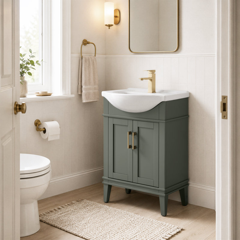 Ensemble de meuble-lavabo simple autoportant 24 po avec plateau en céramique Arlowene, Vert, 24"