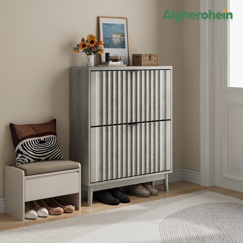 Armoire à chaussures avec 2 tiroirs rabattables, range-chaussures autoportant, bois gris
