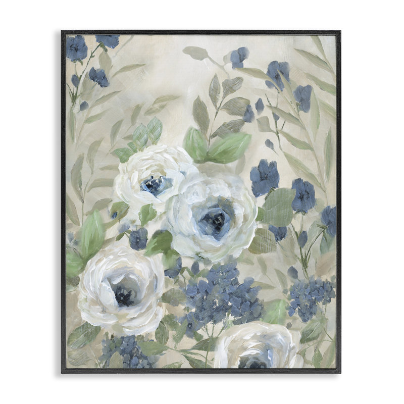 «Mute Blue & White Blossoms», art de la giclée encadrée, design par Nan, H 14 po x l 11 po, Giclée encadrée noir minuit