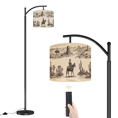 Arc Floor Lamp with Adjustable Lampshade Western Striped Cowboys Horses Rustic Mid Century Cowboy Standing Lamp 3 Color Temperatures Dimmable Tall Pole Lamp with Foot Switch for Bedroom