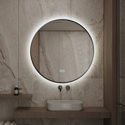 28" x 28" Black Framed LED Round Bathroom Mirror, 3 Color Lighting, Anti-Fog, Explosion-Proof, Wall Mounted Backlit Vanity Mirror