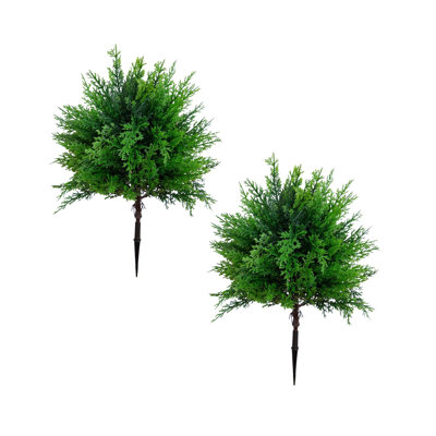 UV Resistant Artificial Cedar Bush with Integrated Ground Stake (Indoor/Outdoor) - Set of 2