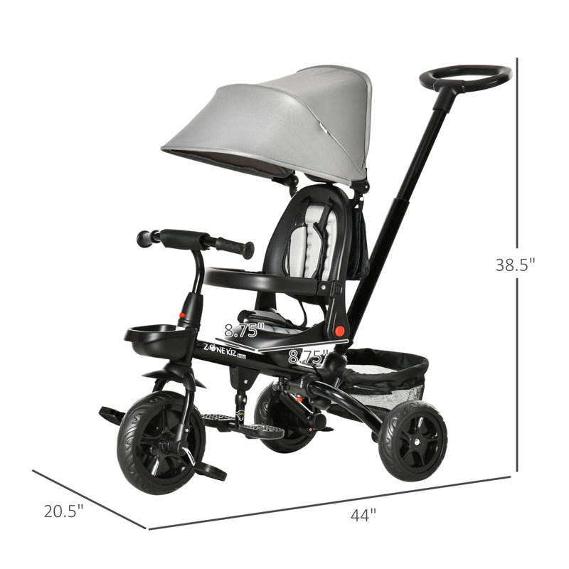 Tricycle pour bébé 4 en 1 tringle avec siège réglable à angle réversible, poignée amovible, garde-corps, ceinture, repose-pieds, embrayage de frein pour 1-5 ans, gris