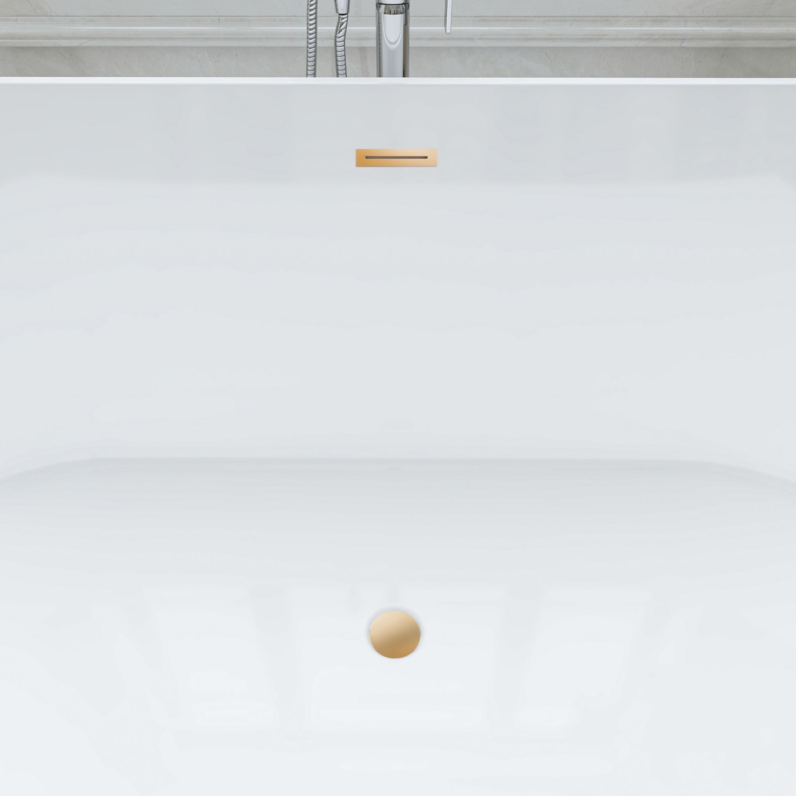 Iris 59" Freestanding Soaking Acrylic Bathtub, White/Titanium Gold