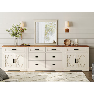 Glenford 110.2"W Large Modern Farmhouse Accent Cabinet With Barn Doors & Drawers, Scratch-Resistant Tree Bark 