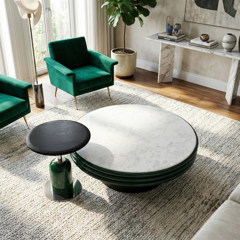 Ensemble de tables basses Modern White Stone & Wood - Table basse ronde avec table d'appoint pour le salon