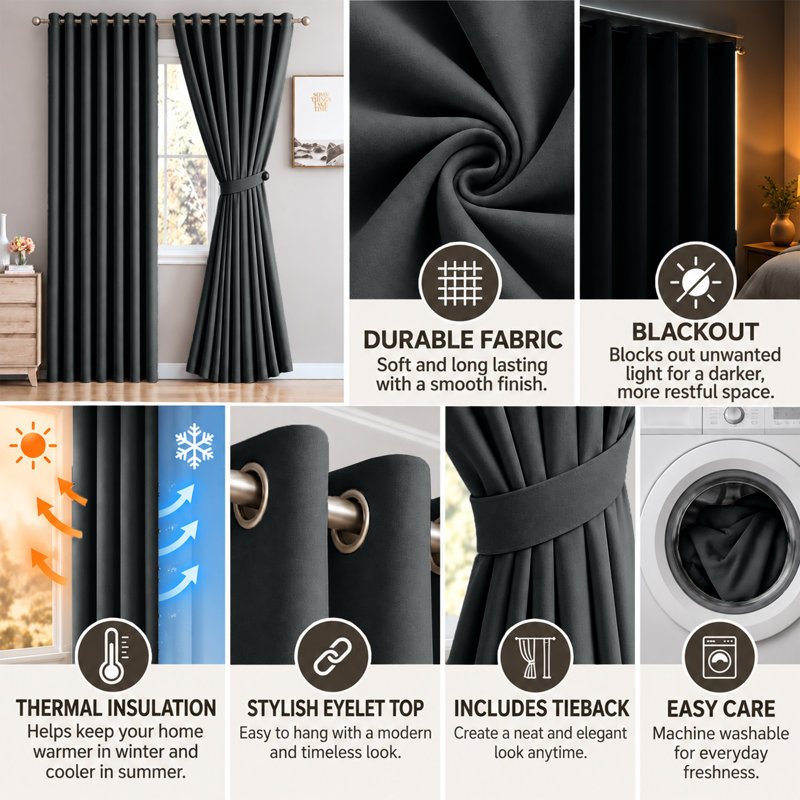 Cariya Small Window Eyelet Blackout Thermal Curtains  – Light Blocking & Energy Efficient, 117cm Width x 137cm Drop, Black