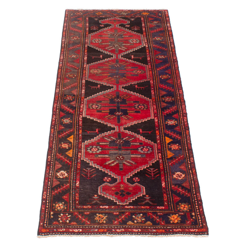 Tapis de couloir unique en laine noué à la main de style années 2000 3 pi 7 po x 9 pi 10 po en rouge / bleu marine / beige Amareli