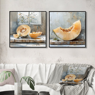 Melon dans les tons orange et gris I - Art mural Melon - Décoration murale traditionnelle 2 pièces
