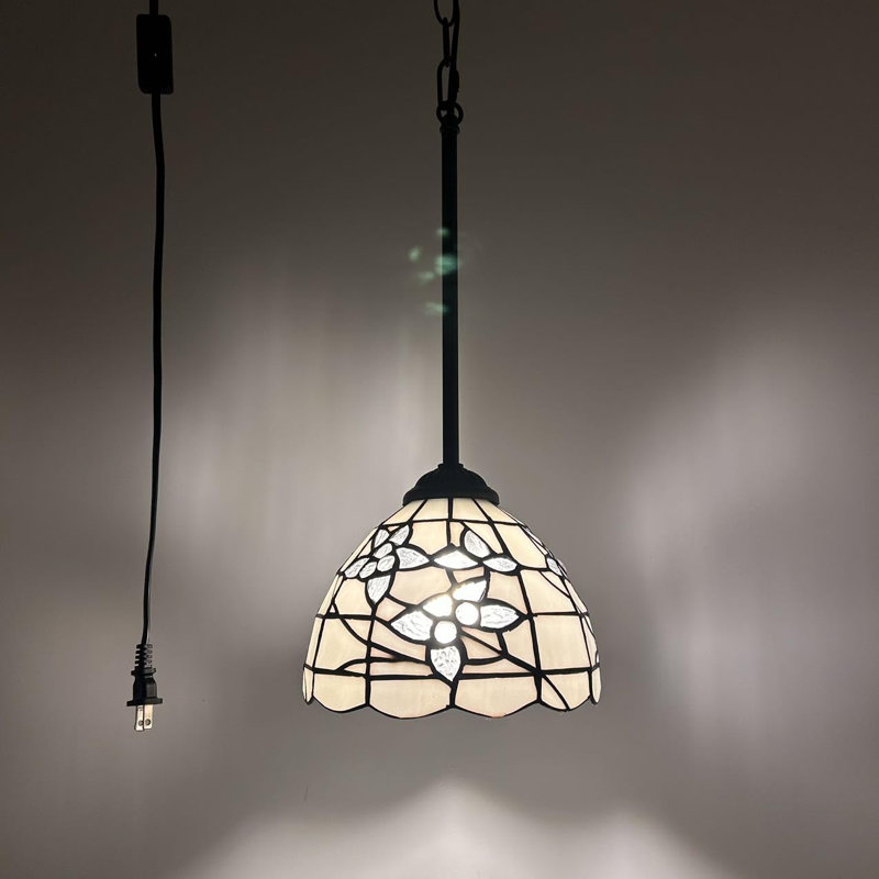 Bronze Mini Pendant Light with White Stained Glass and LED Bulb