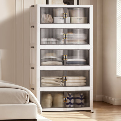 28" Wide 158 Gallon Heavy Duty Collapsible Stackable Storage Bins with Doors & Wheels, 5-Tier Tall Closet Organizer Cabinet - White