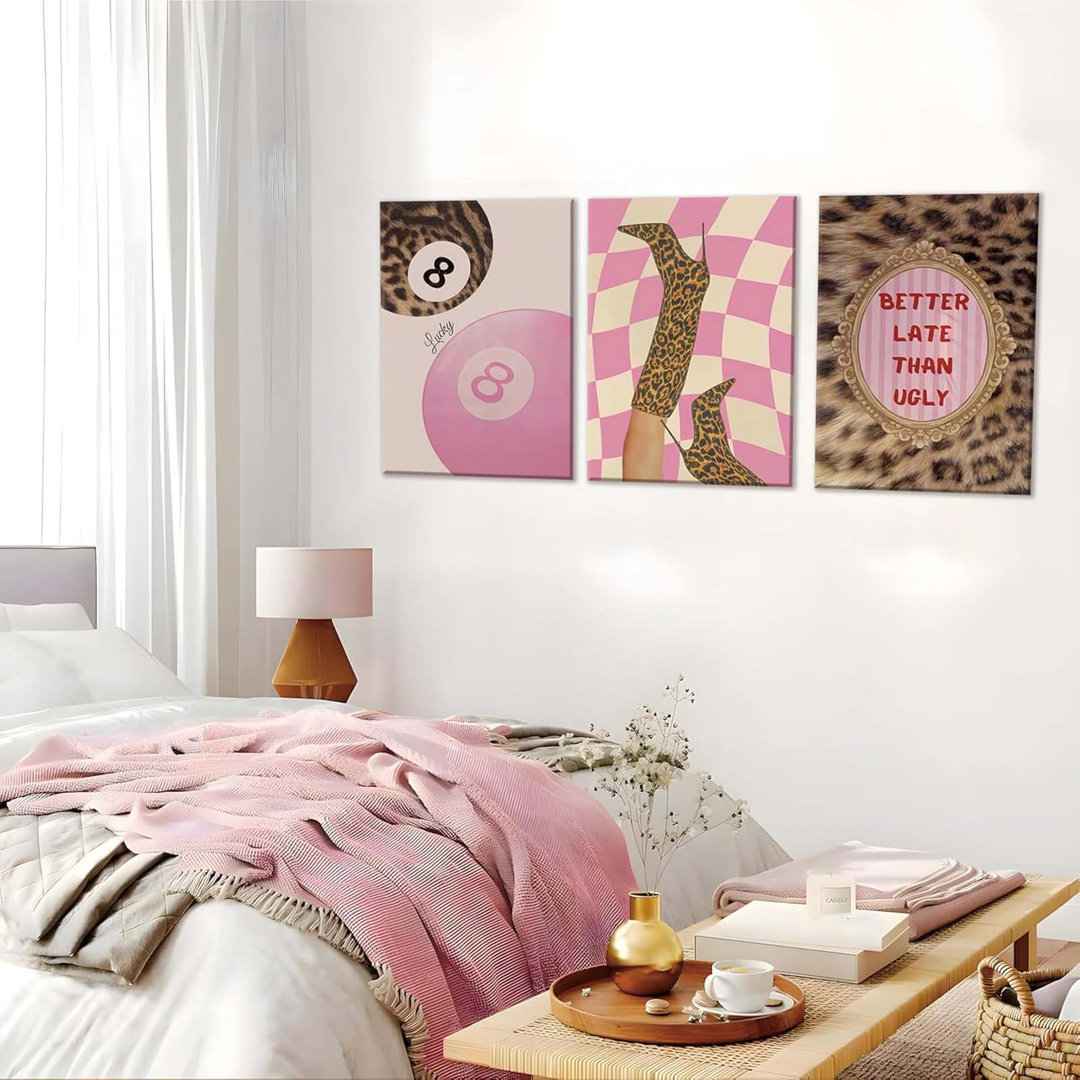 Framed Pink Leopard Print Wall Art Set Of 3, Trendy Fashion Lucky 8 Ball Canvas Posters Painting, Coquette Preppy Aesthetic Y2K Funky Wall Decor Pictu