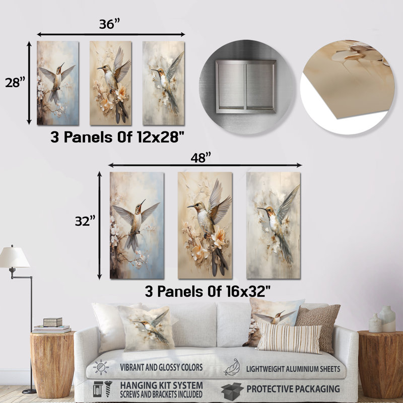 Ensemble de 3 décorations murales en métal «Hummingbird», H 32 po x l 48 po