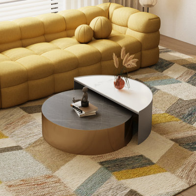 Round Nesting Coffee Table - Modern Minimalist Design with Metal Frame Sintered Stone Top for Living Room, Small Spaces