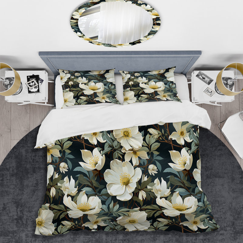 White And Green Rose Flowers I - Ensemble de housse de couette à motif floral