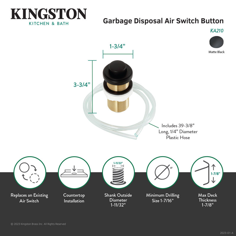 Kingston Brass KA210 Trimscape Garbage Disposal Air Switch Button, Matte Black
