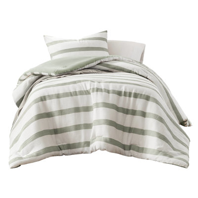 2 - Piece Twin/twin Xl Striped Comforter And Sham With Dyed, All Season Use, Standard 100, Dyed Contemporary Coastal Inspired Design, Soft Crinkled Texture, Lightweight Fill, Sage