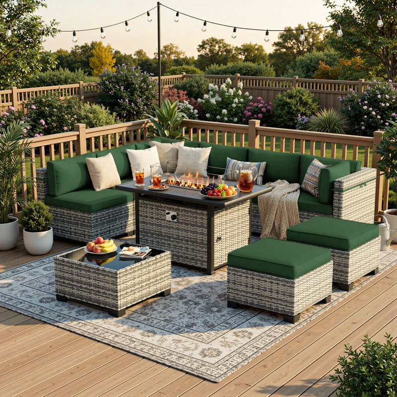10-Piece Outdoor Patio Conversation Set With 55,000 BTU Propane Fire Pit Table, Wicker Sectional Sofa, 2 Ottomans & Coffee Table