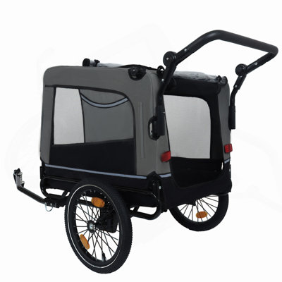 Extra Large 2-In-1 Bike Trailer & Push Cart For Pets - Detachable Bike Hitch & Push Handle Included - All-Terrain Wheels Quick Release, Non-Slip Floor, Internal Leash,  Up To 88 Lbs, Black- Grey