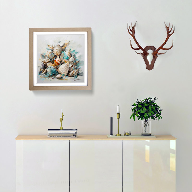 Seashell Gestural - Single Picture Frame Print on Wood, Oak