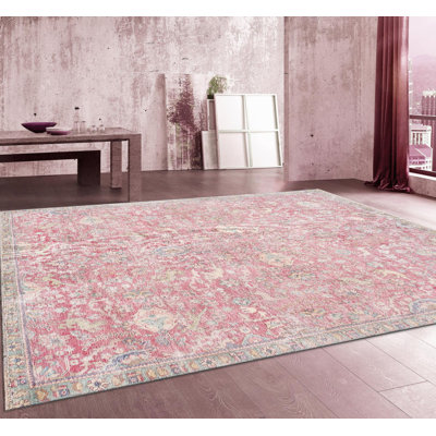 Tapis oriental rose / crème en laine / coton 7 pi 3 po x 9 pi Oriental