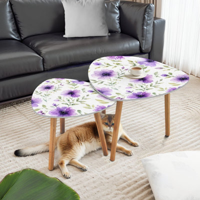 Ensemble de 2 tables gigognes triangulaires mignonnes à motif floral mauve et vert avec aquarelle transparente