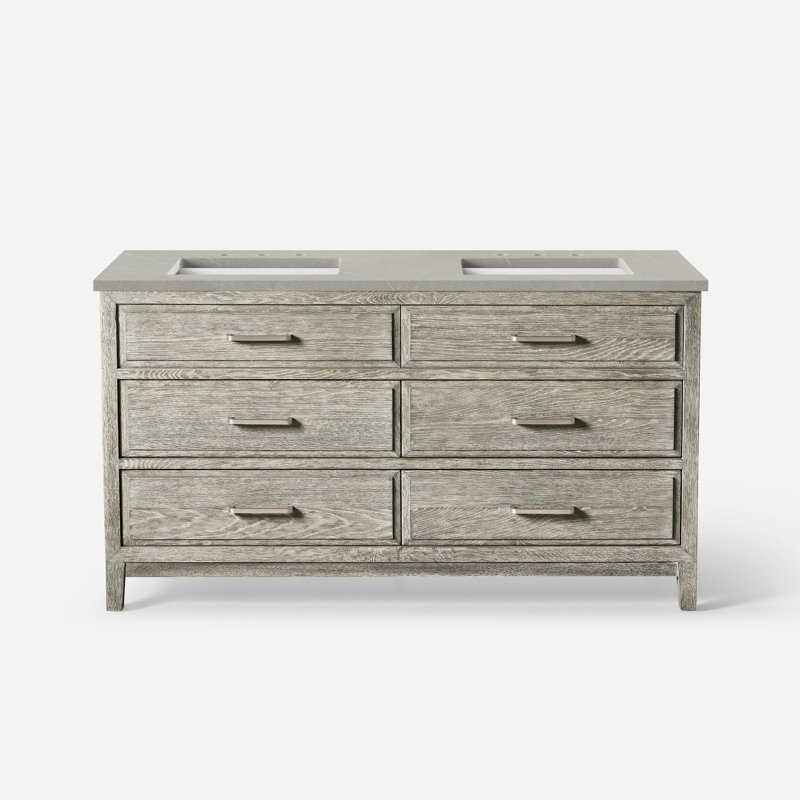 Meuble-lavabo double sur pied 60 po Chestnut Hill, Chêne gris clair, Étain brossé, Serena éternel