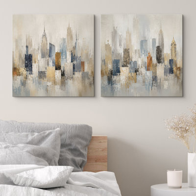 Paysage urbain doux et neutre avec des bâtiments en or gris et un ensemble de 2 reproductions d'art sur toile encadrées de style chambre à coucher moderne