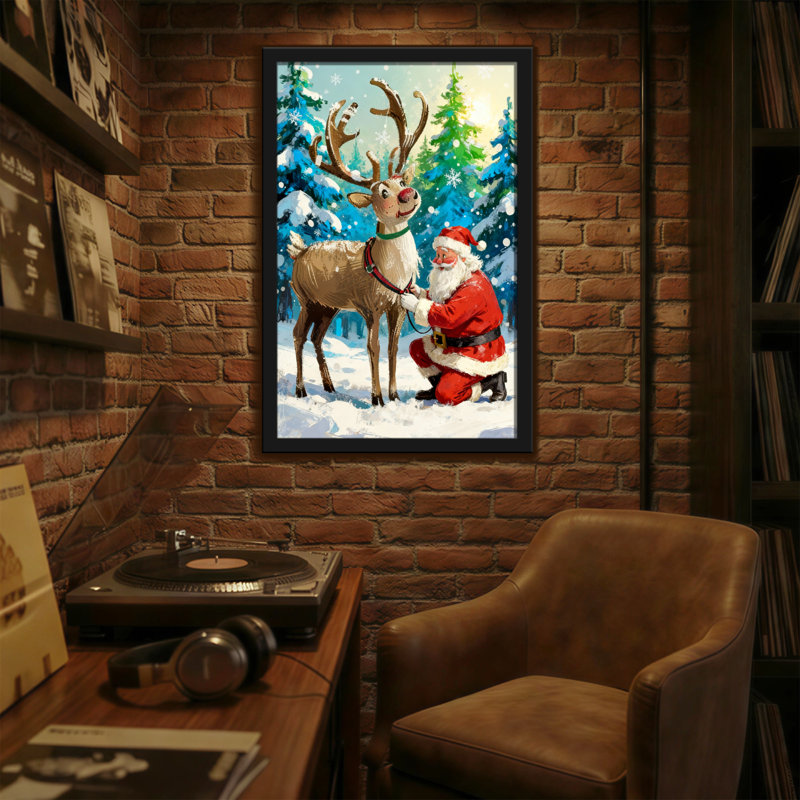 Noël, père Noël et renne dans la forêt enneigée, H 24 po x l 16 po