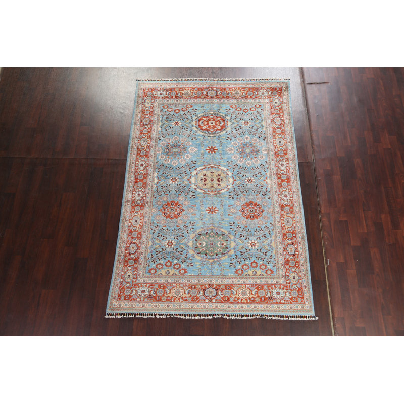 Tapis bleu clair en laine noué à la main de conception unique 5 pi 11 po x 8 pi 10 po