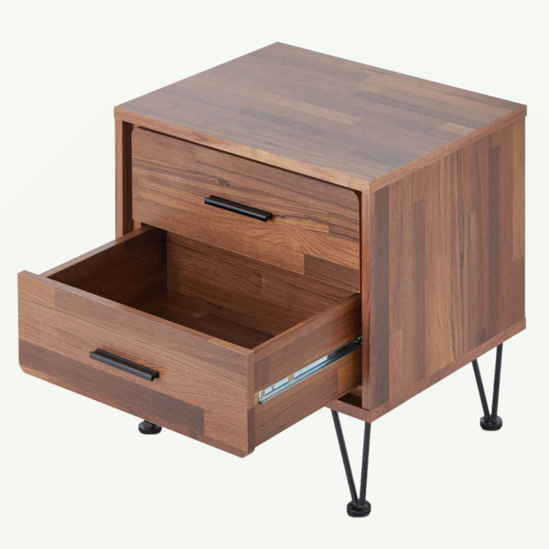 Table d'appoint 2 tiroirs en noyer avec pieds en épingle à cheveux