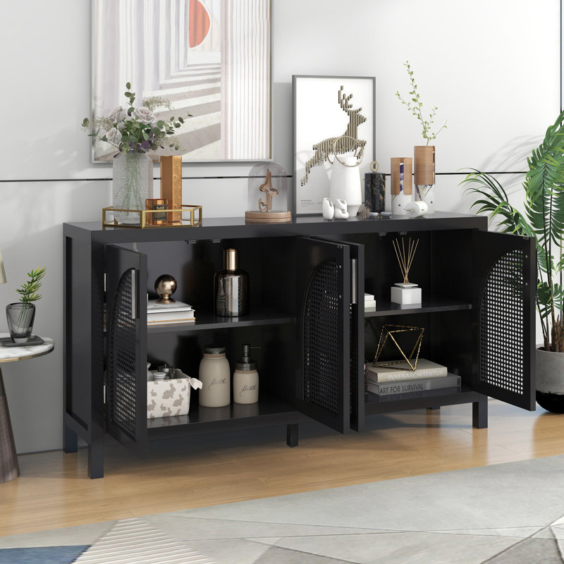 Black 60'' MDF and Rattan 4-Door Sideboard