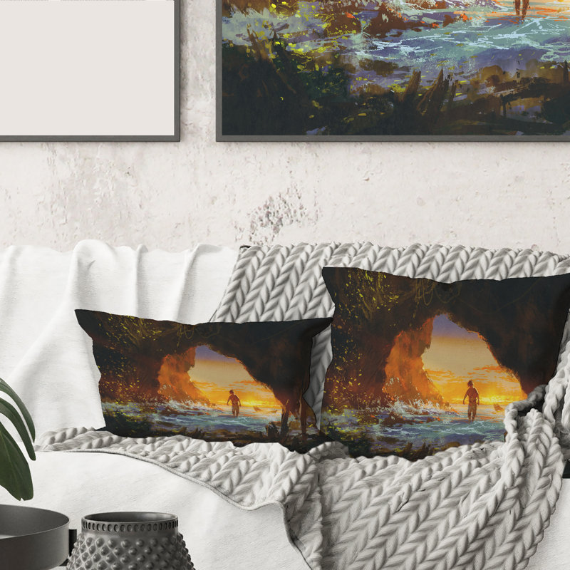 Housse et coussin rectangulaires The Man Walking in the Sea Cave at Sunset
