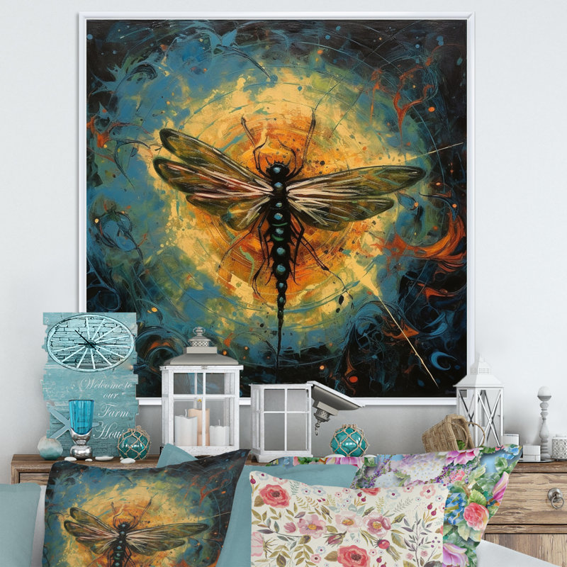 " Expressive Paintign Of Dragonfly ", White Floater Framed, 36" H x 36" W x 1.5" D