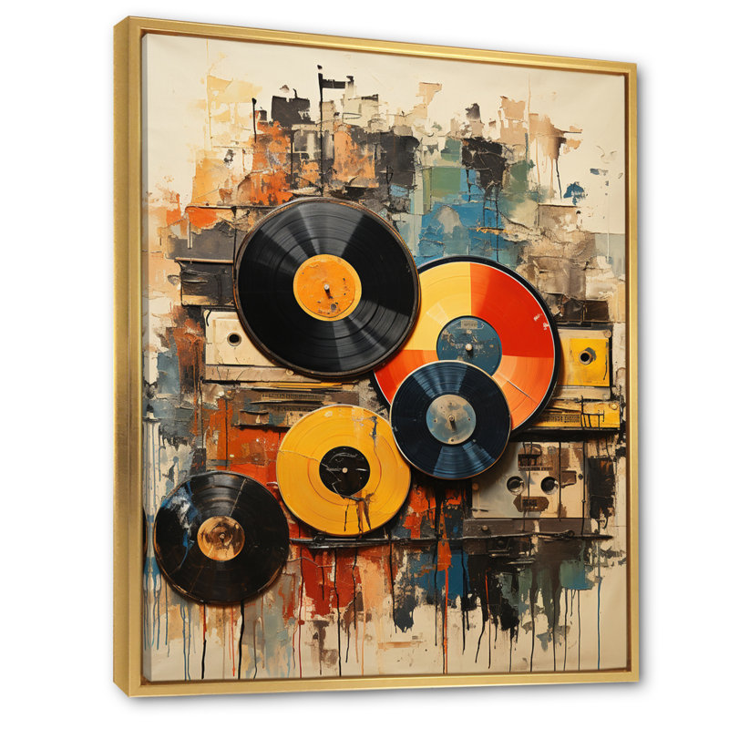 Vinyle, disque vinyle rétro I - impression sur toile, disques vinyle, H 32 po x l 24 po x P 1 po, Cadre flottant doré