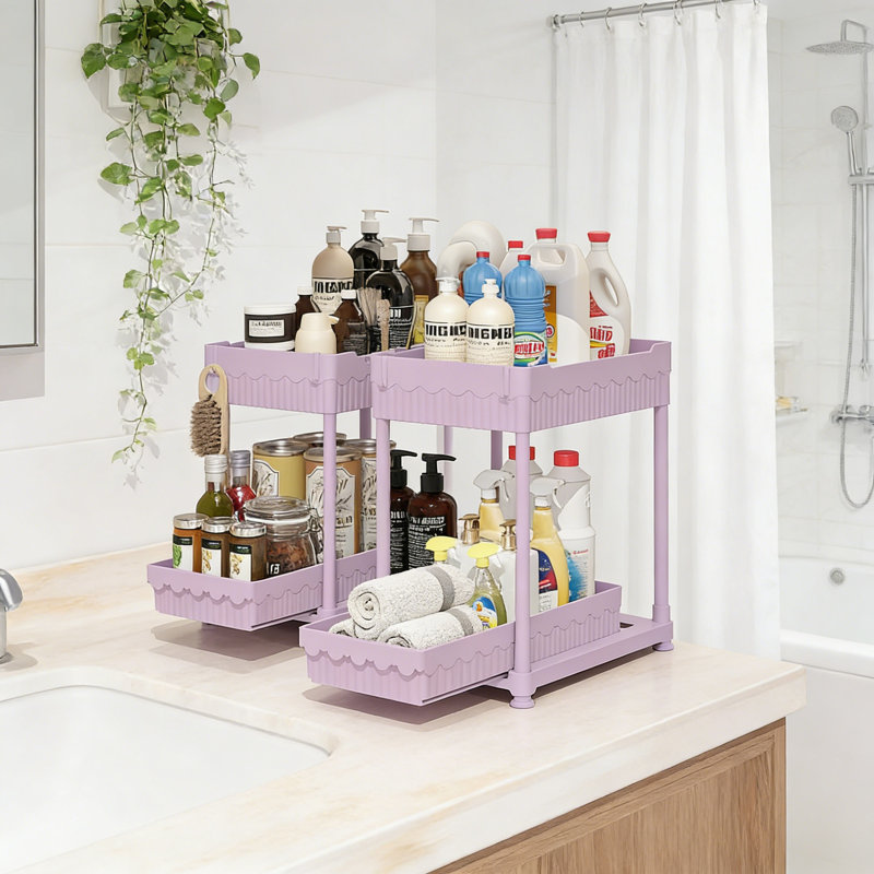 4-Pack Adjustable Pull-Out Organizer With Hooks & Cups, 2-Tier Under Sink Storage, Purple