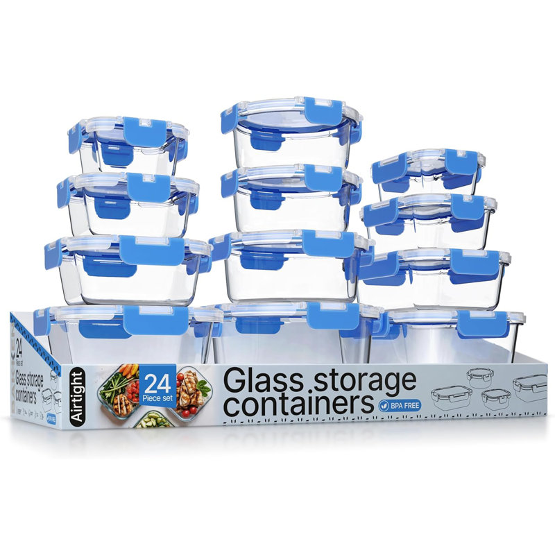 Contenant alimentaire en verre borosilicaté Bakken avec couvercles 24 pièces, contenants empilables sans BPA, allant au micro-ondes, au congélateur et au lave-vaisselle, 100% étanche à l'air, bleu