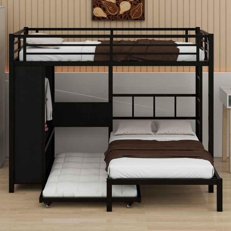 Lit superposé avec garde-robe intégrée, lit gigogne et bureau pliable, Double sur simple