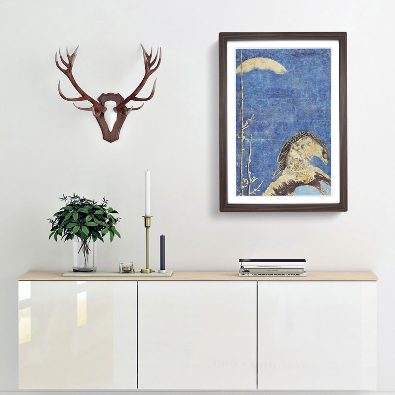 Hawk Perched on a Branch by Isoda Koryusai - Picture Frame Painting Print, 65cm H x 48cm W x 2cm D, Walnut Framed